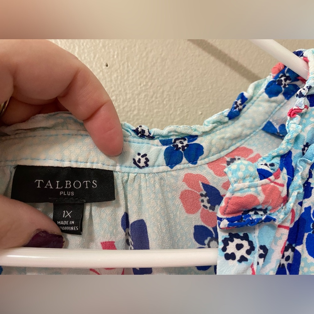 Talbots blouse womens 1x plus size ditsy floral blue popover top sleeveless - Picture 3 of 9